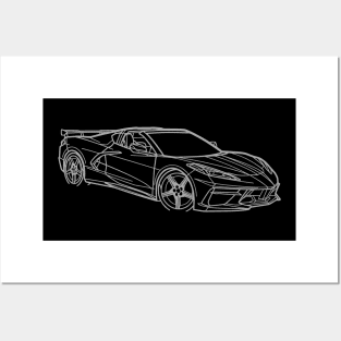 Hypersonic Grey C8 Corvette Racecar 3/4 View Outline Silhouette Outline Grey Supercar Sports car Racing car Corvette C8 Posters and Art